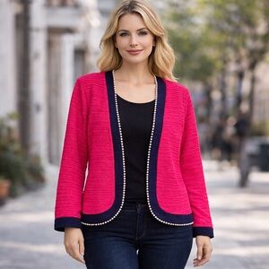 NY Collection Pink and Navy Cardigan with Pearl Details